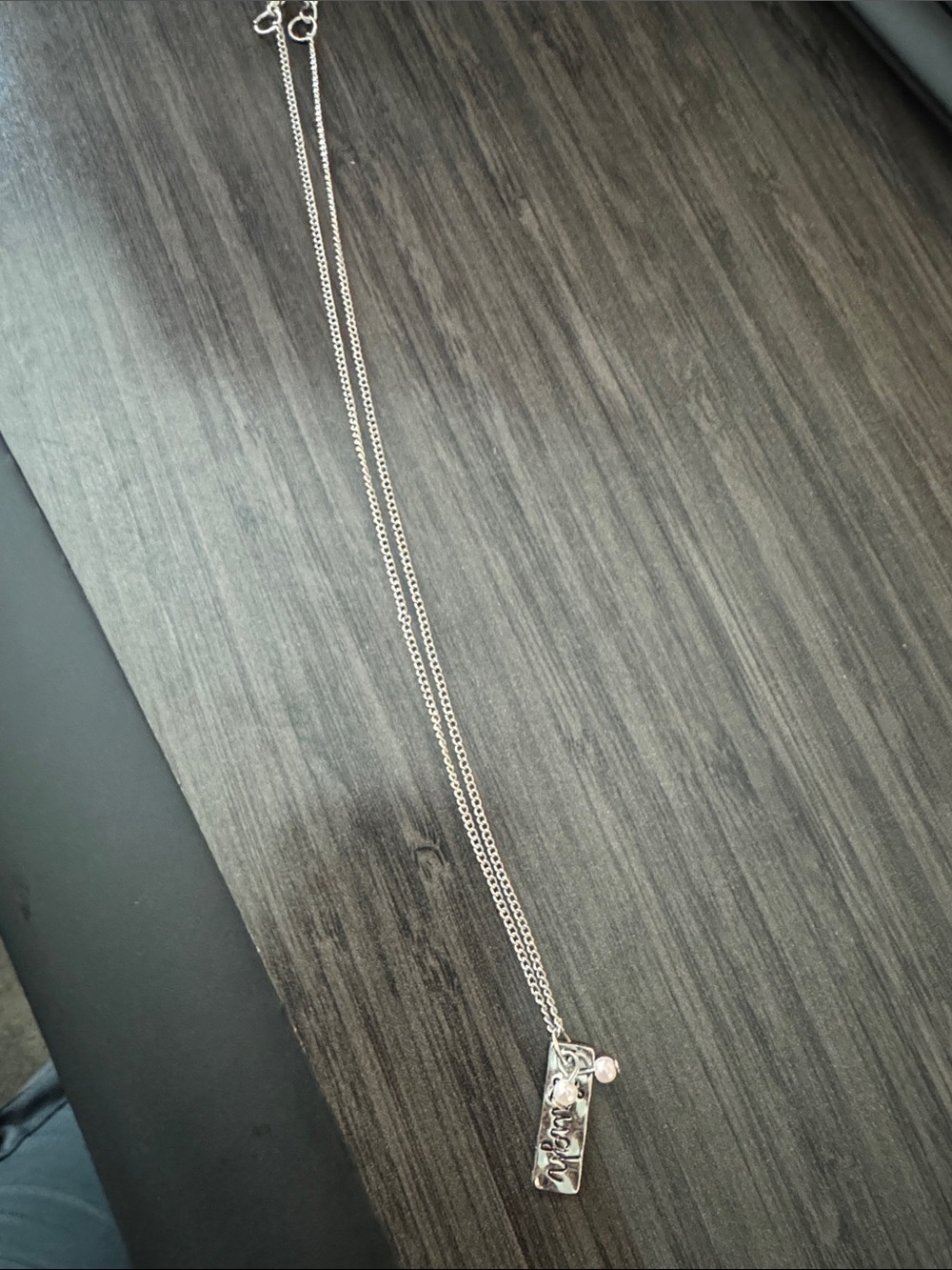 Silver Double Chain Necklace with Script Bar Pendant and Pink Charm
